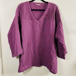 MarketPlace Handwork of India Purple Gauze Embroidered V-Neck Tunic | Size 3X
